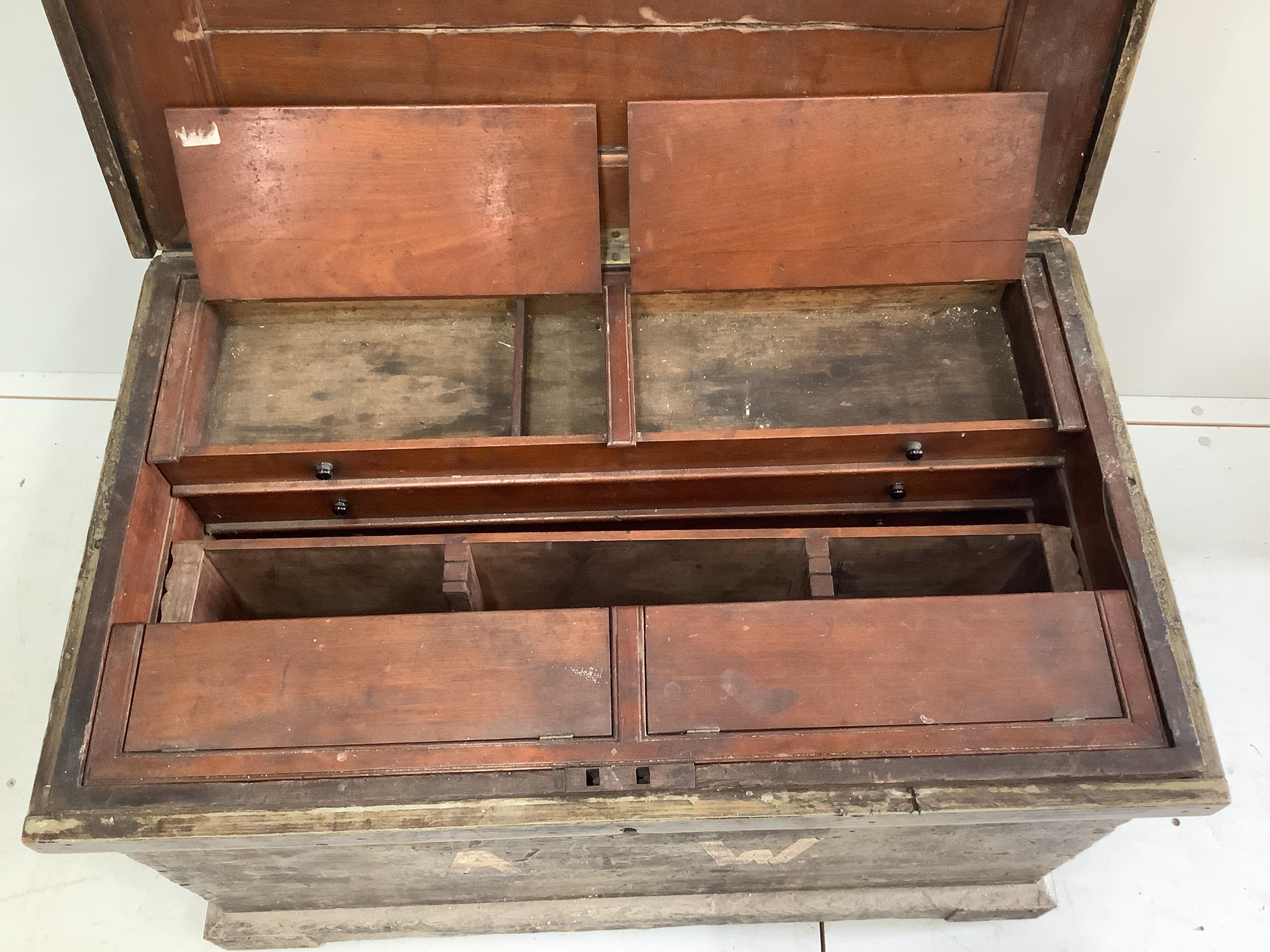 A Victorian painted carpenter's chest with fitted mahogany interior, width 99cm, depth 57cm, height 60cm. Condition - fair